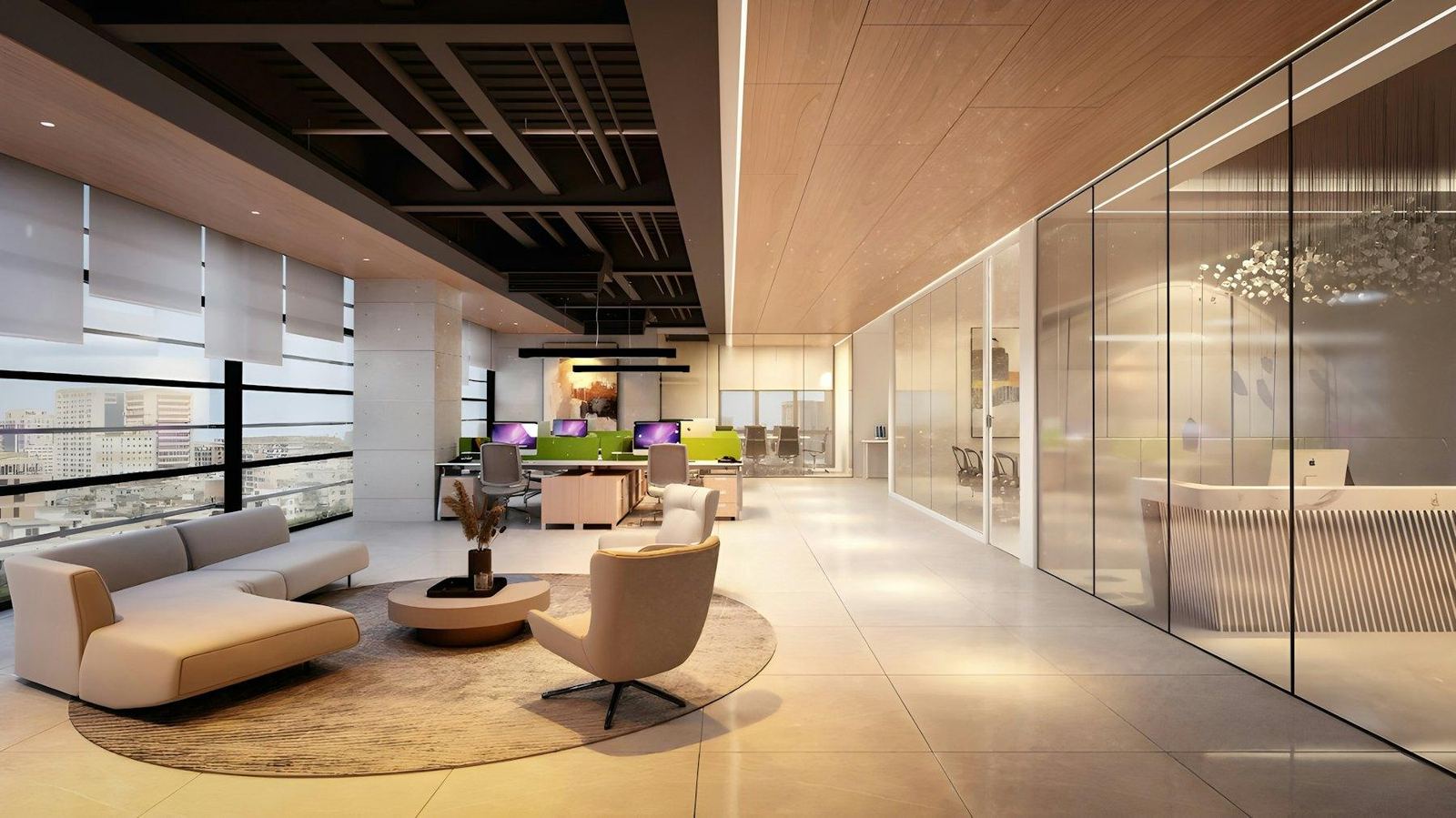 Modern office lobby with seating, glass rooms, and a reception desk.